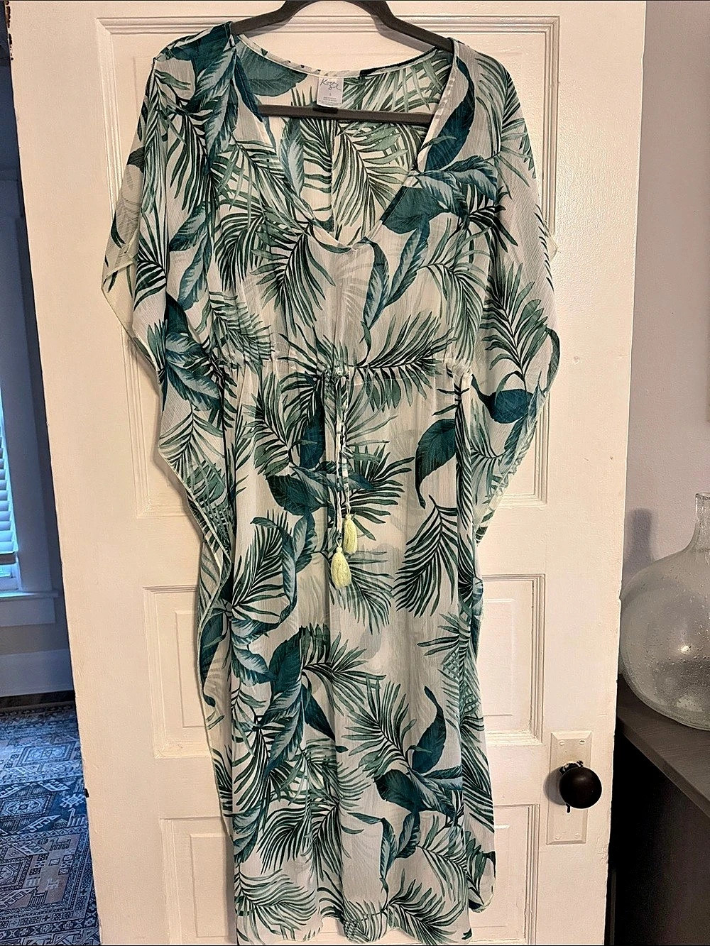 Kona Sol Botanical-Print Midi Kaftan Cover-Up Green & White Small